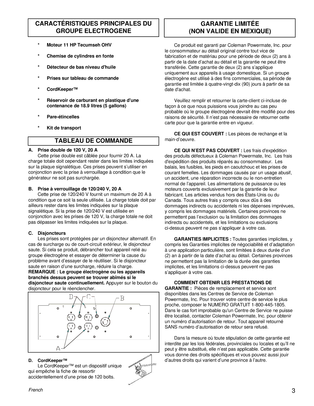 Powermate PL0525312 manual Caractéristiques Principales DU Groupe Electrogene, Tableau DE Commande 