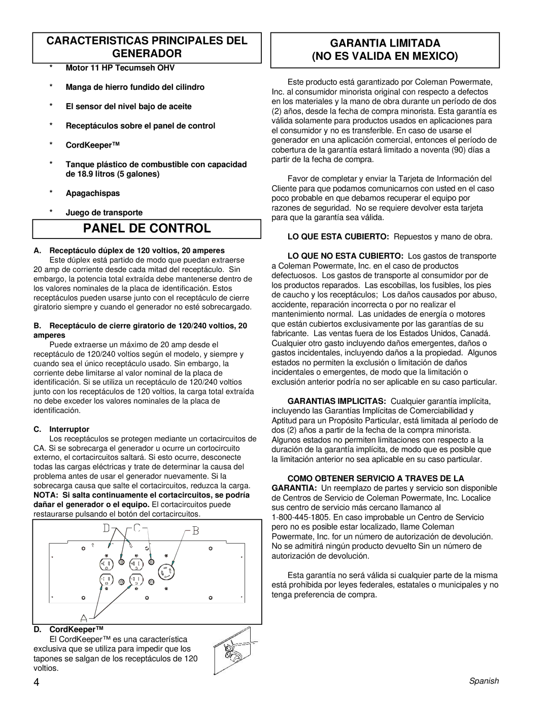 Powermate PL0525312 Panel DE Control, Caracteristicas Principales DEL Generador, Garantia Limitada No ES Valida EN Mexico 