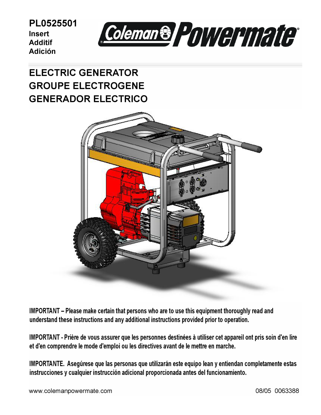 Powermate PL0525501 manual Electric Generator Groupe Electrogene, Generador Electrico, Insert Additif Adición, 08/05 