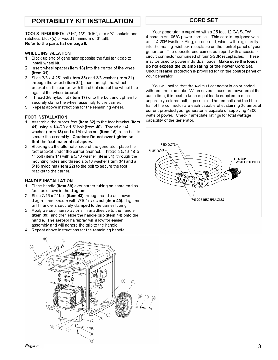 Powermate PL0525501 manual Portability Kit Installation, Cord Set, English 