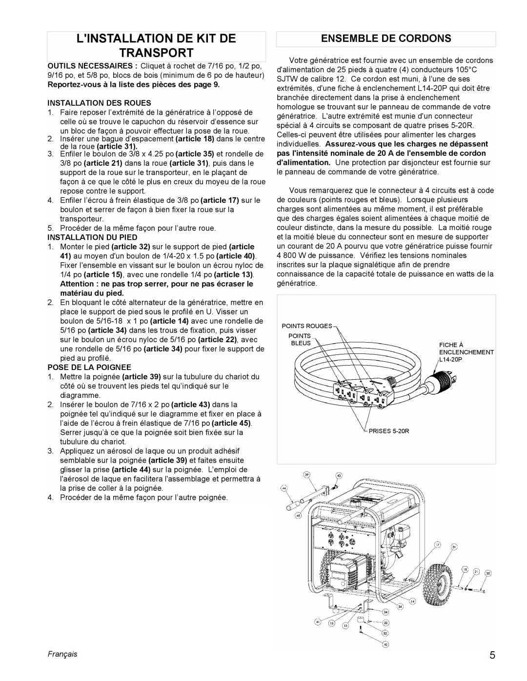 Powermate PL0525501 manual Linstallation De Kit De Transport, Ensemble De Cordons, Français 