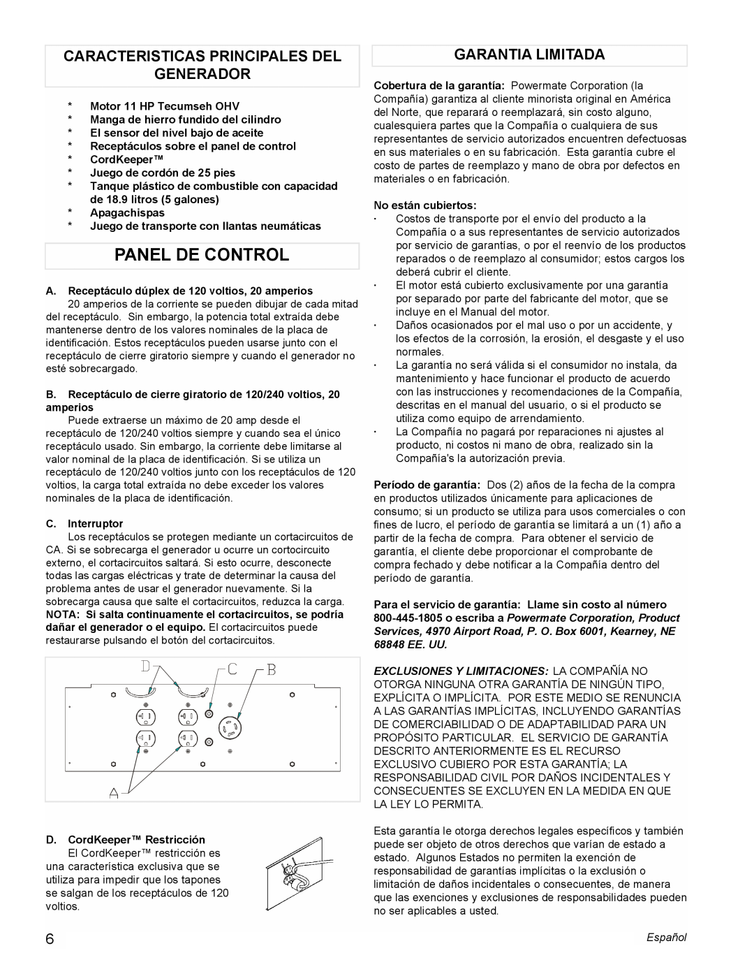 Powermate PL0525501 manual Panel De Control, Caracteristicas Principales Del Generador, Garantia Limitada 