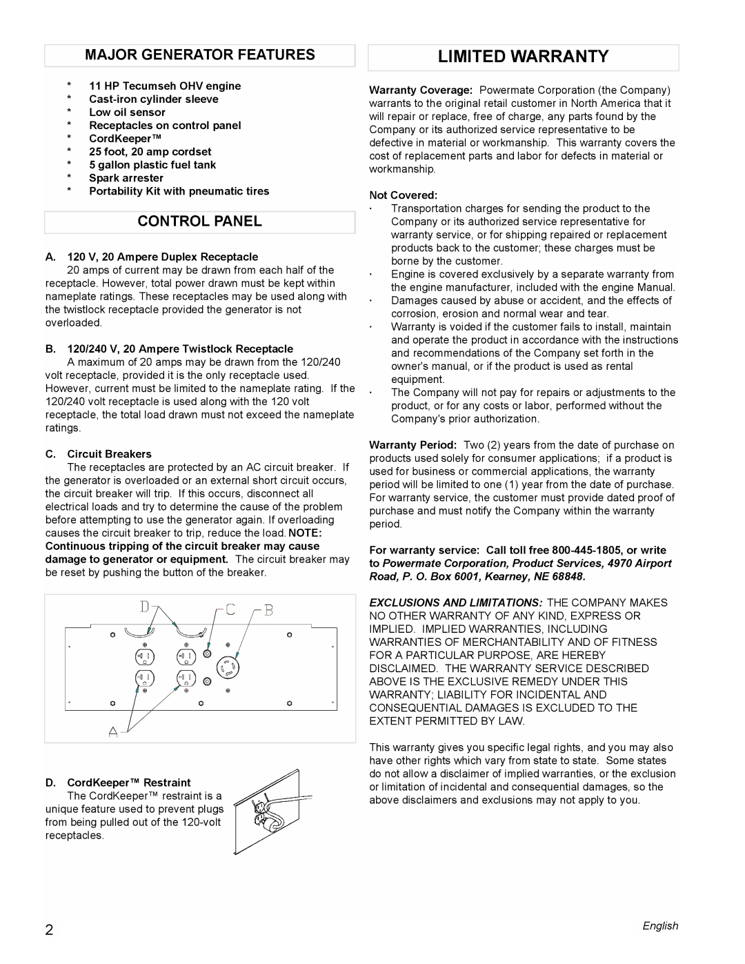 Powermate PL0525501 manual Limited Warranty, Major Generator Features, Control Panel 