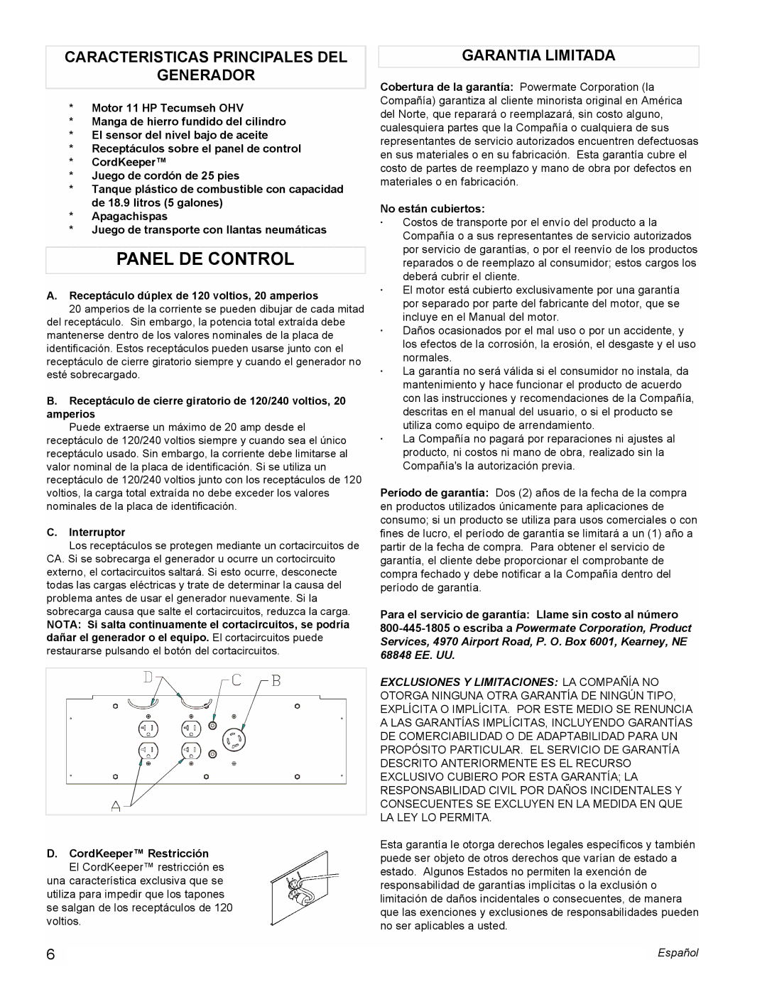 Powermate PL0525501 manual Panel DE Control, Caracteristicas Principales DEL Generador, Garantia Limitada, Interruptor 