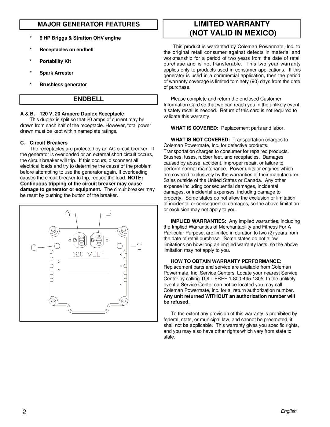 Powermate PL0543000.17 manual Limited Warranty not Valid in Mexico, Major Generator Features, Endbell, Circuit Breakers 