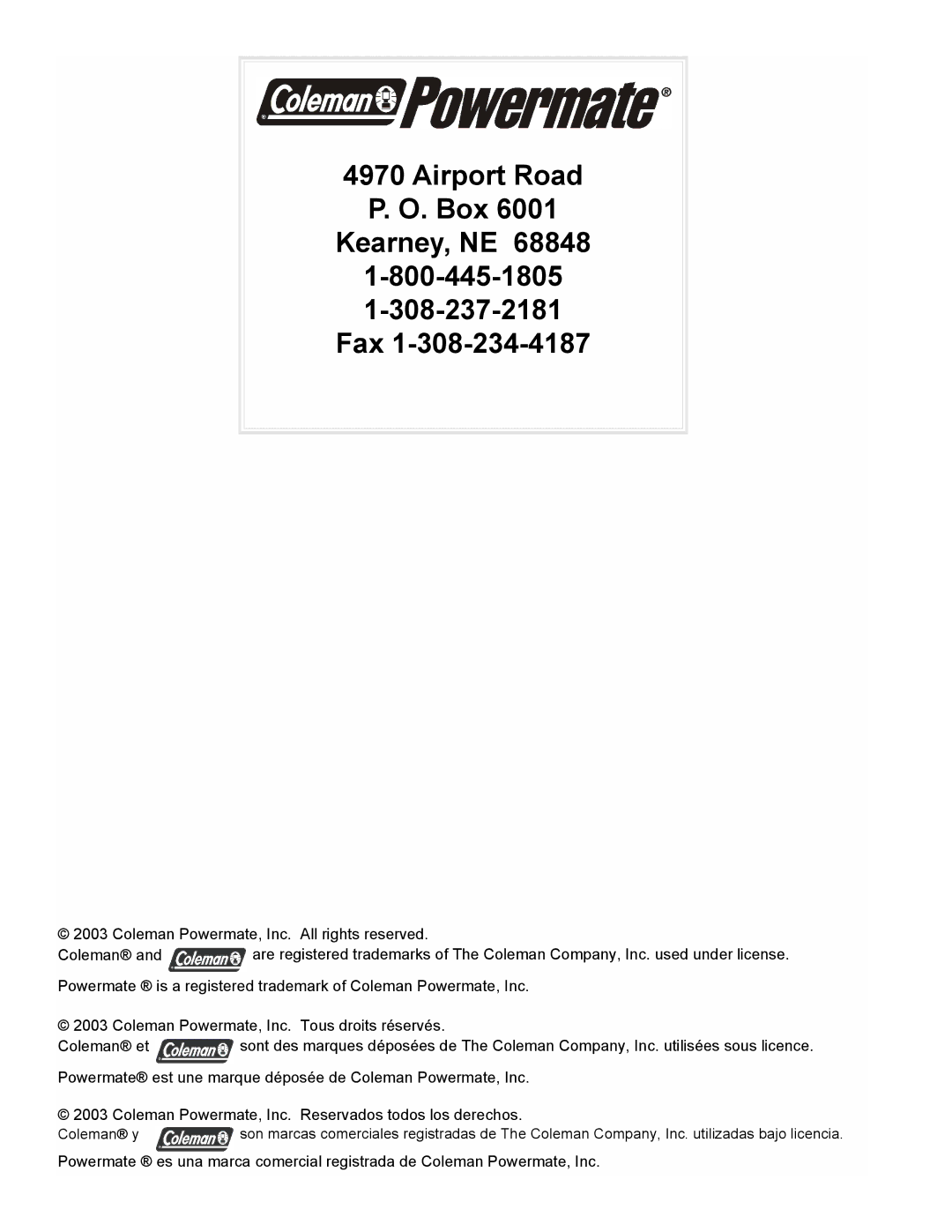 Powermate PL0545007 manual Airport Road Box Kearney, NE Fax 