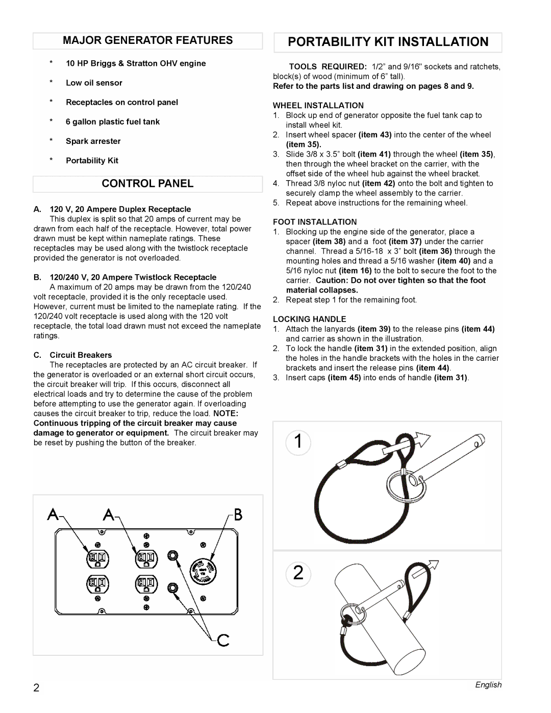 Powermate PL0545007 manual Portability KIT Installation, Major Generator Features, Control Panel 