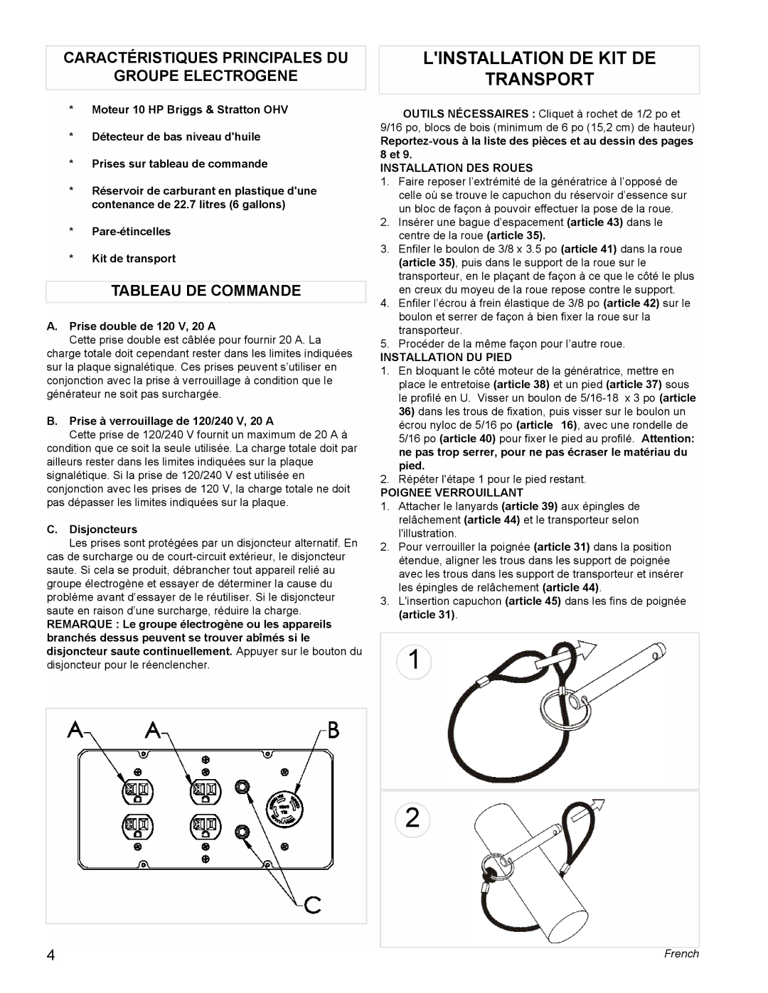 Powermate PL0545007 manual Linstallation DE KIT DE Transport, Caractéristiques Principales DU Groupe Electrogene 