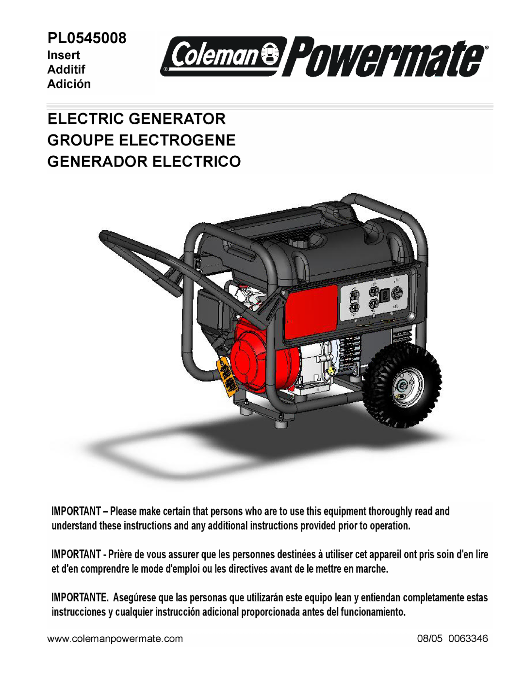 Powermate PL0545008 manual Electric Generator Groupe Electrogene Generador Electrico 