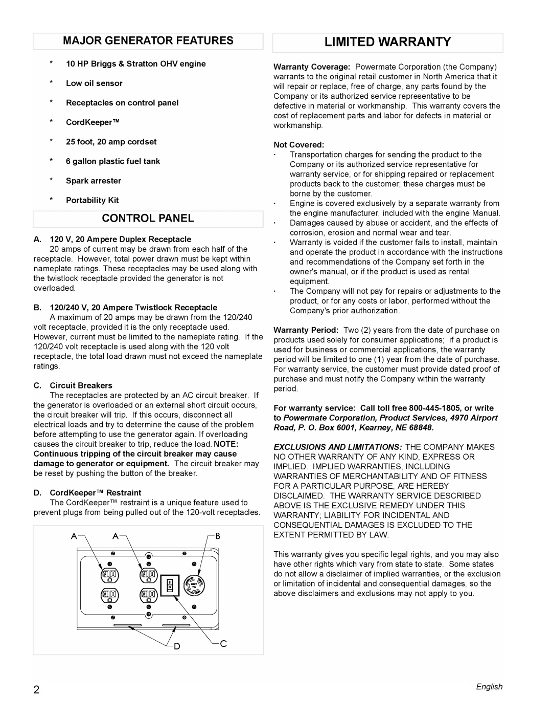 Powermate PL0545008 manual Limited Warranty, Major Generator Features, Control Panel 