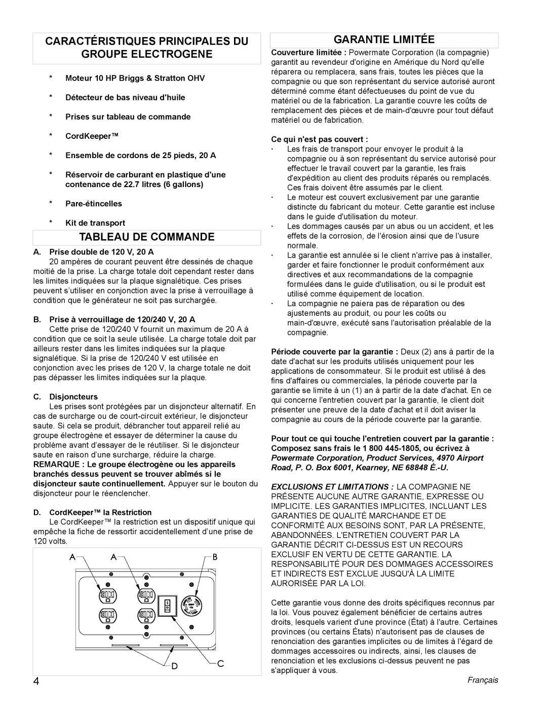 Powermate PL0545008 manual Caractéristiques Principales DU Groupe Electrogene, Tableau DE Commande, Garantie Limitée 