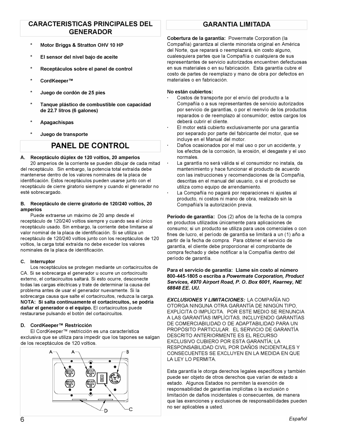 Powermate PL0545008 manual Panel DE Control, Caracteristicas Principales DEL Generador, Garantia Limitada, Interruptor 