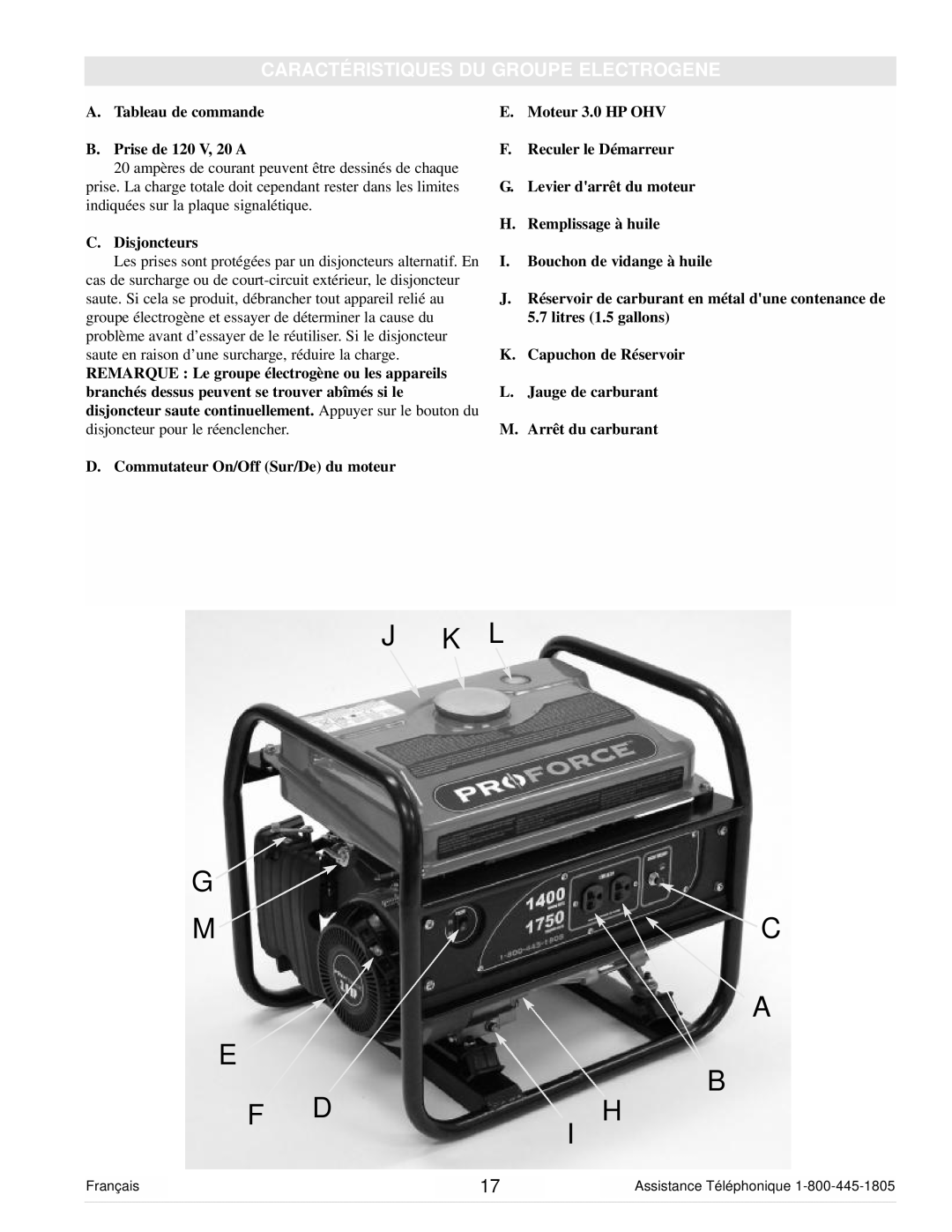 Powermate PM0101400 manual Caractéristiques Du Groupe Electrogene, J K L G Mc A E B F Di H 