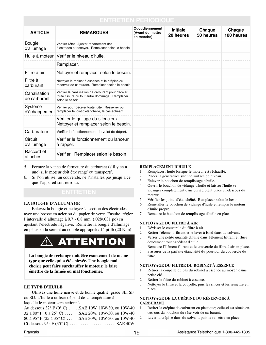 Powermate PM0101400 manual Entretien Périodique, La Bougie D’Allumage, Le Type D’Huile 