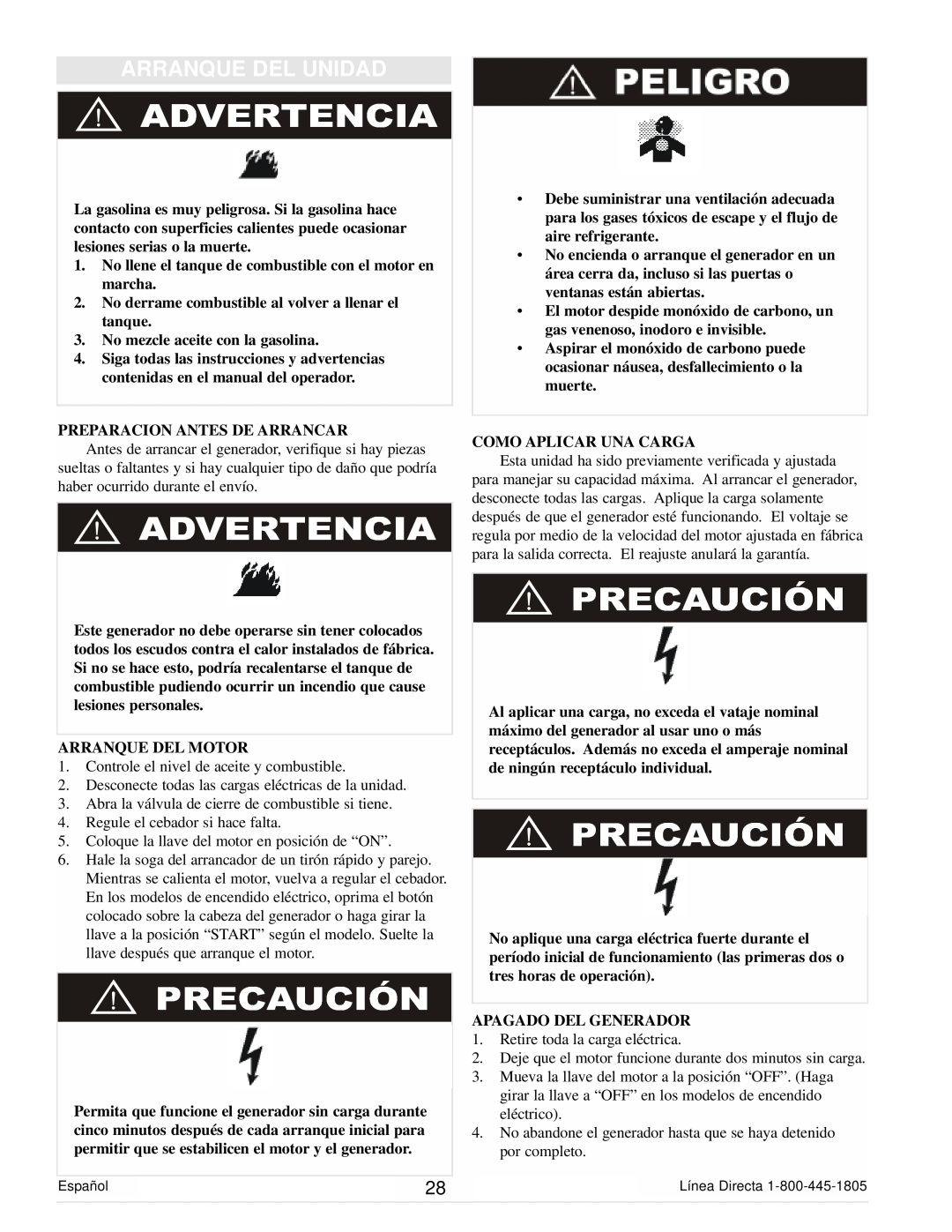 Powermate PM0101400 manual Arranque Del Unidad 