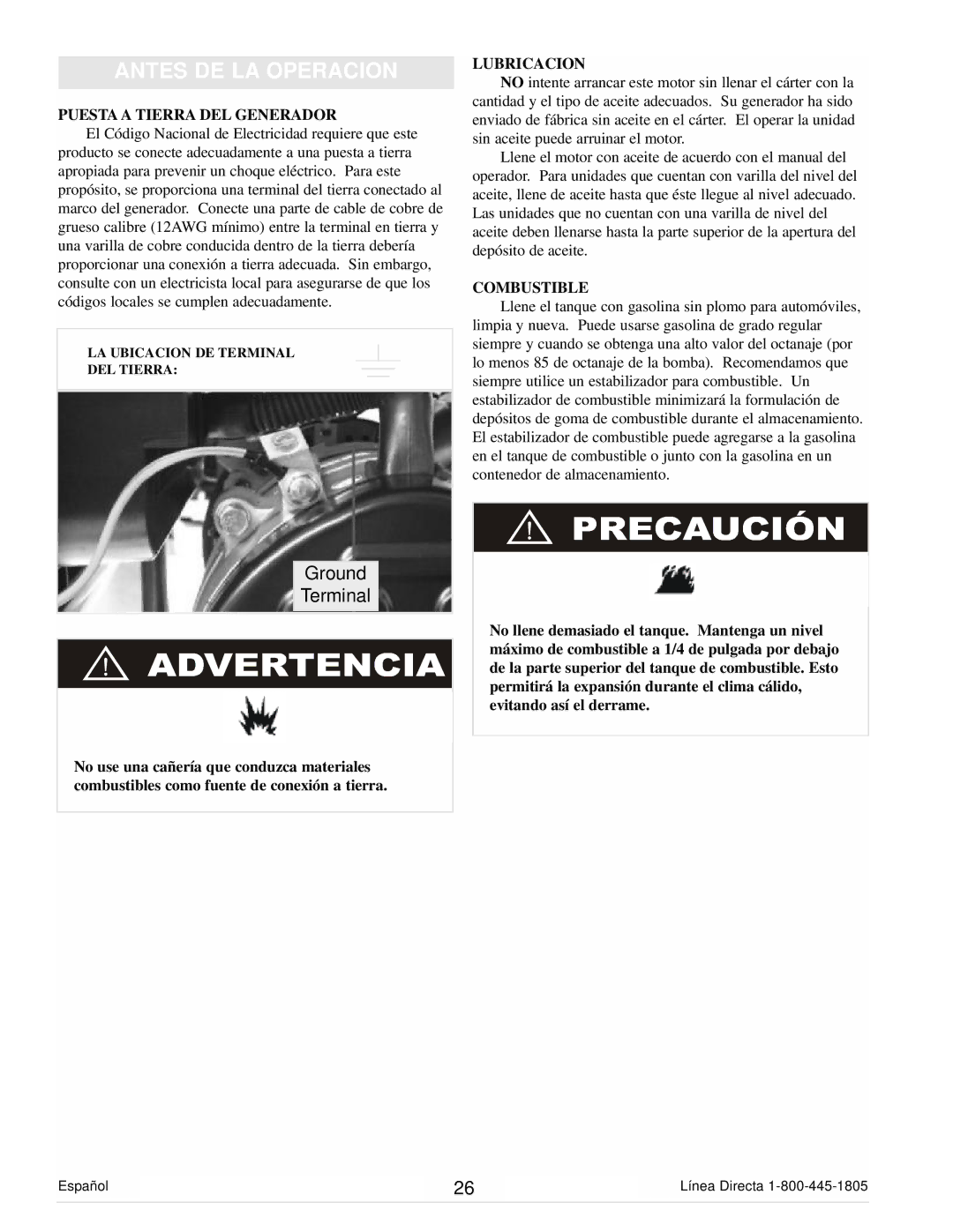 Powermate PM0101400 manual Antes DE LA Operacion, Puesta a Tierra DEL Generador, Lubricacion, Combustible 