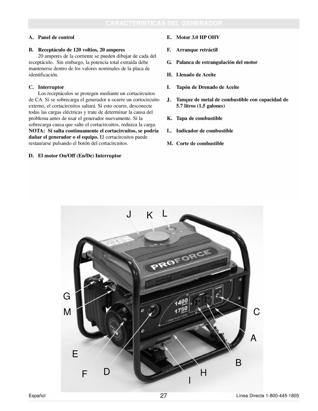 Powermate PM0101400 Caracteristicas DEL Generador, Panel de control Receptáculo de 120 voltios, 20 amperes, Interruptor 