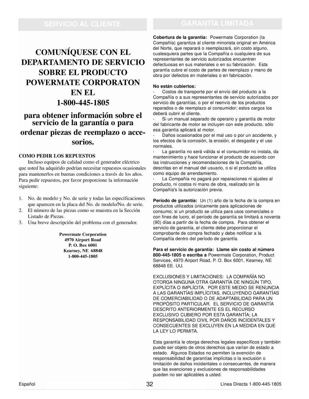 Powermate PM0101400 manual Servicio AL Cliente Garantía Limitada, Como Pedir LOS Repuestos 