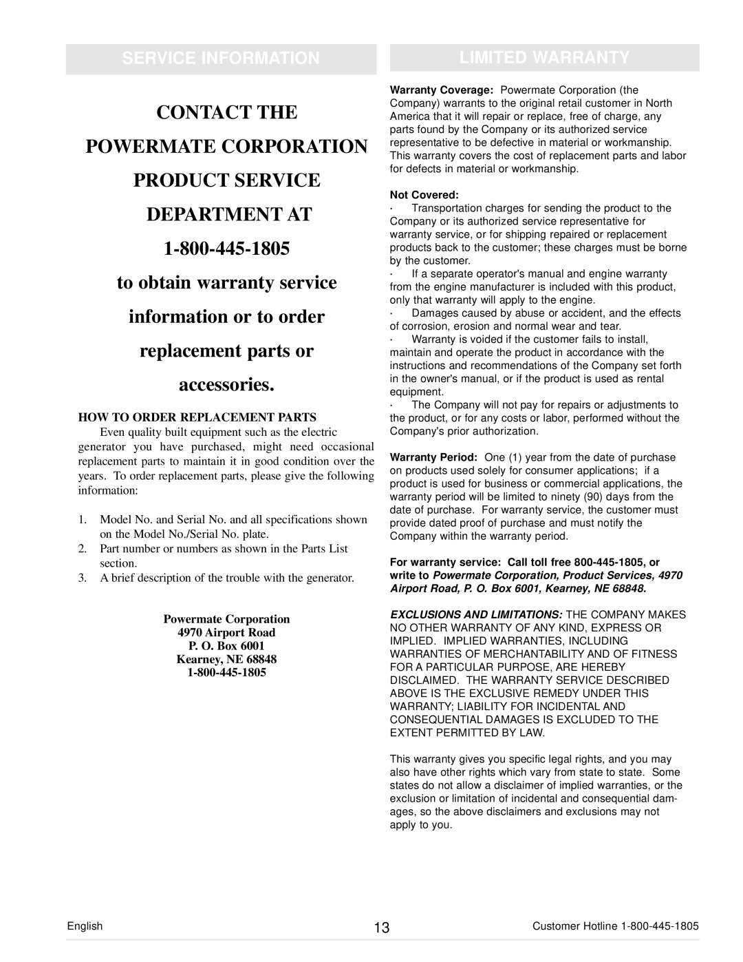 Powermate PM0103000 manual Service Information Limited Warranty, Powermate Corporation Airport Road Box Kearney, NE 