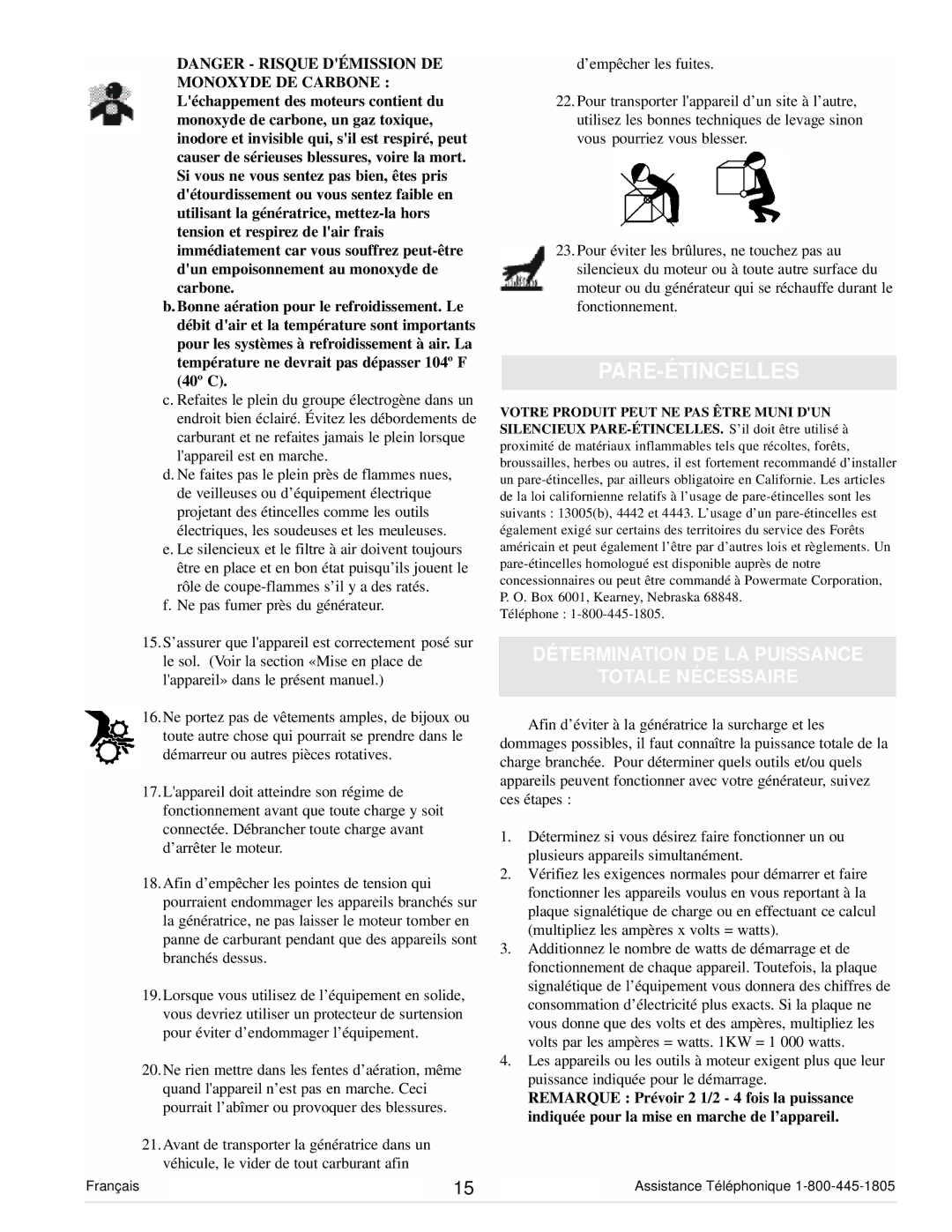 Powermate PM0103000 manual Pare-Étincelles, Détermination DE LA Puissance Totale Nécessaire 