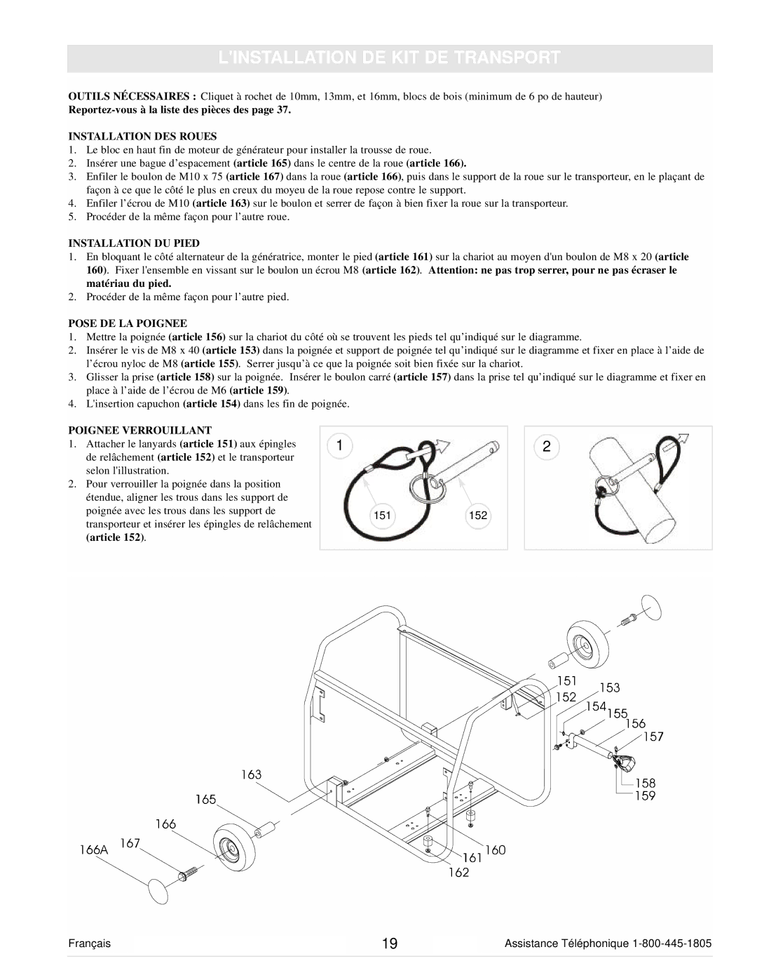 Powermate PM0103000 manual Linstallation DE KIT DE Transport, Installation DES Roues 