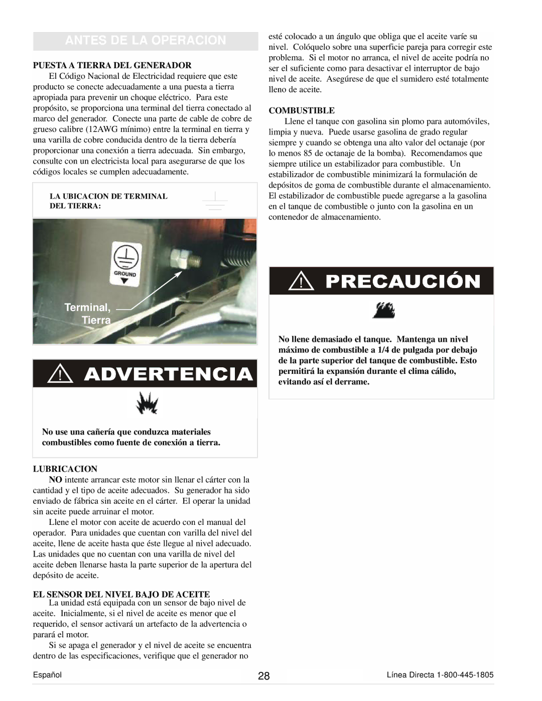 Powermate PM0103000 manual Antes DE LA Operacion, Puesta a Tierra DEL Generador, Combustible, Lubricacion 