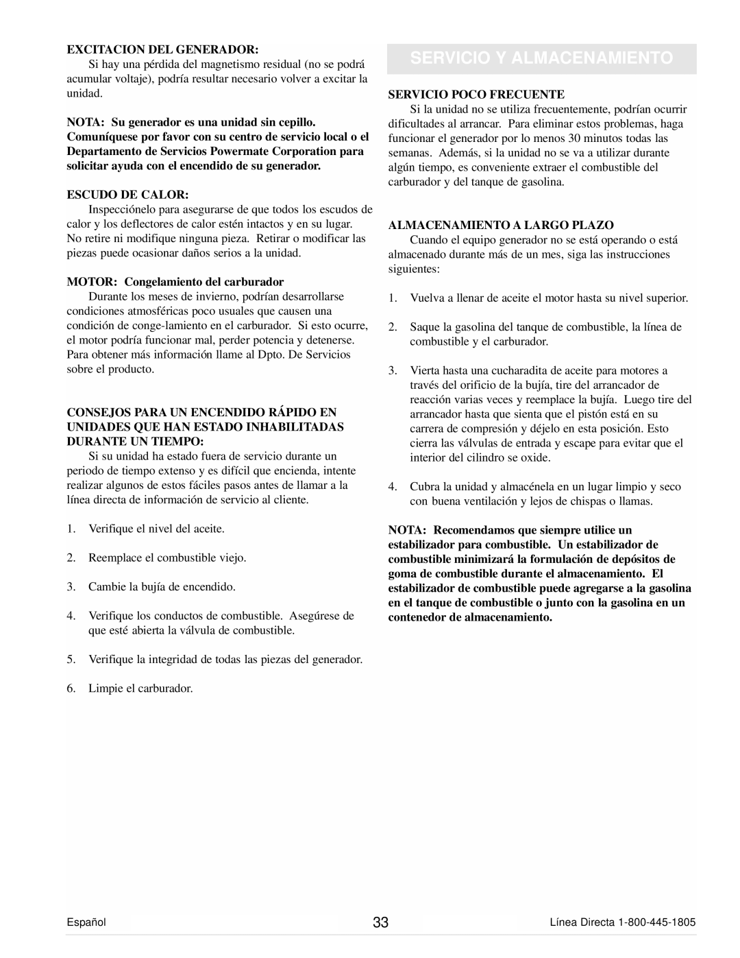 Powermate PM0103000 manual Servicio Y Almacenamiento, Excitacion DEL Generador, Escudo DE Calor, Servicio Poco Frecuente 