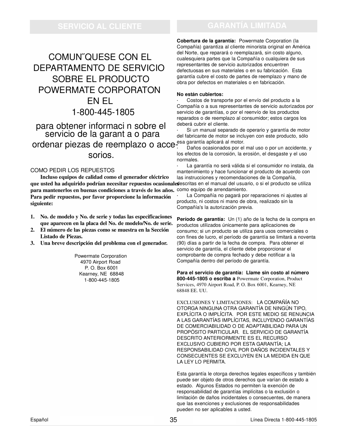 Powermate PM0103000 manual Servicio AL Cliente Garantía Limitada, Como Pedir LOS Repuestos 