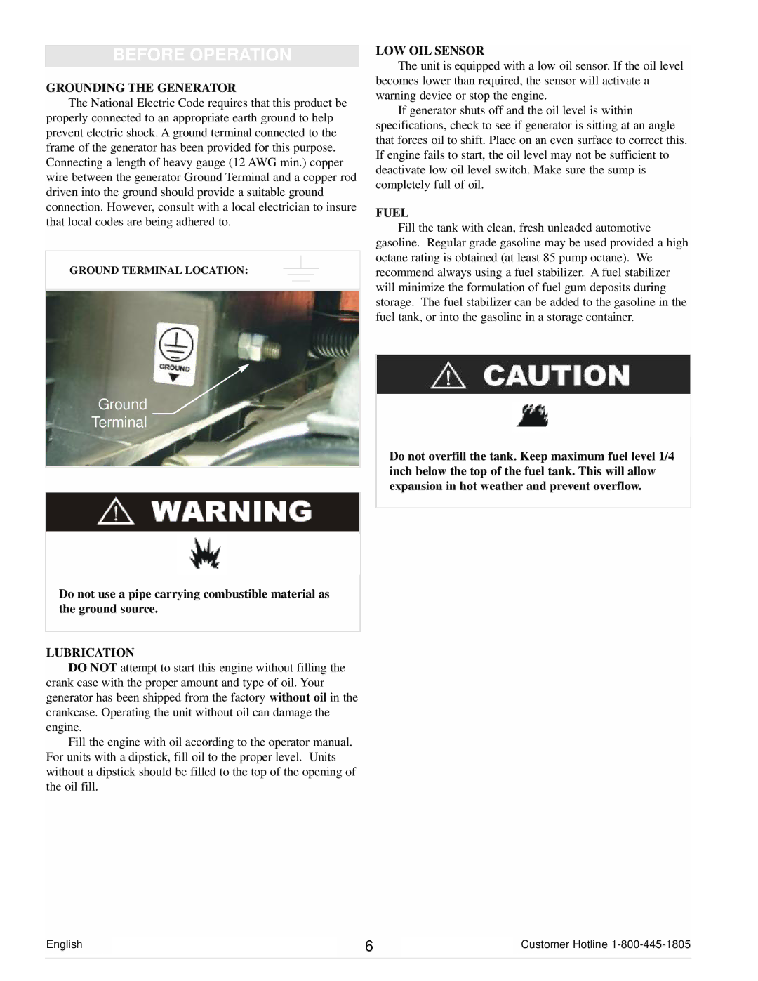 Powermate PM0103000 manual Before Operation, Grounding the Generator, LOW OIL Sensor, Fuel, Lubrication 