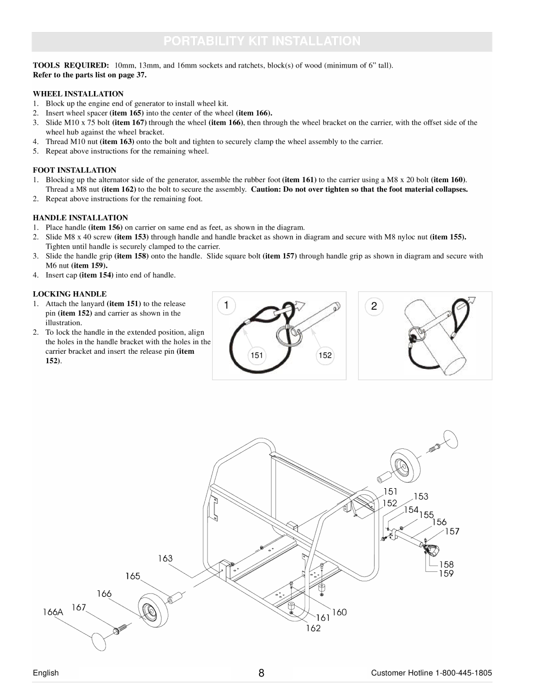 Powermate PM0103000 manual Portability KIT Installation, Wheel Installation 