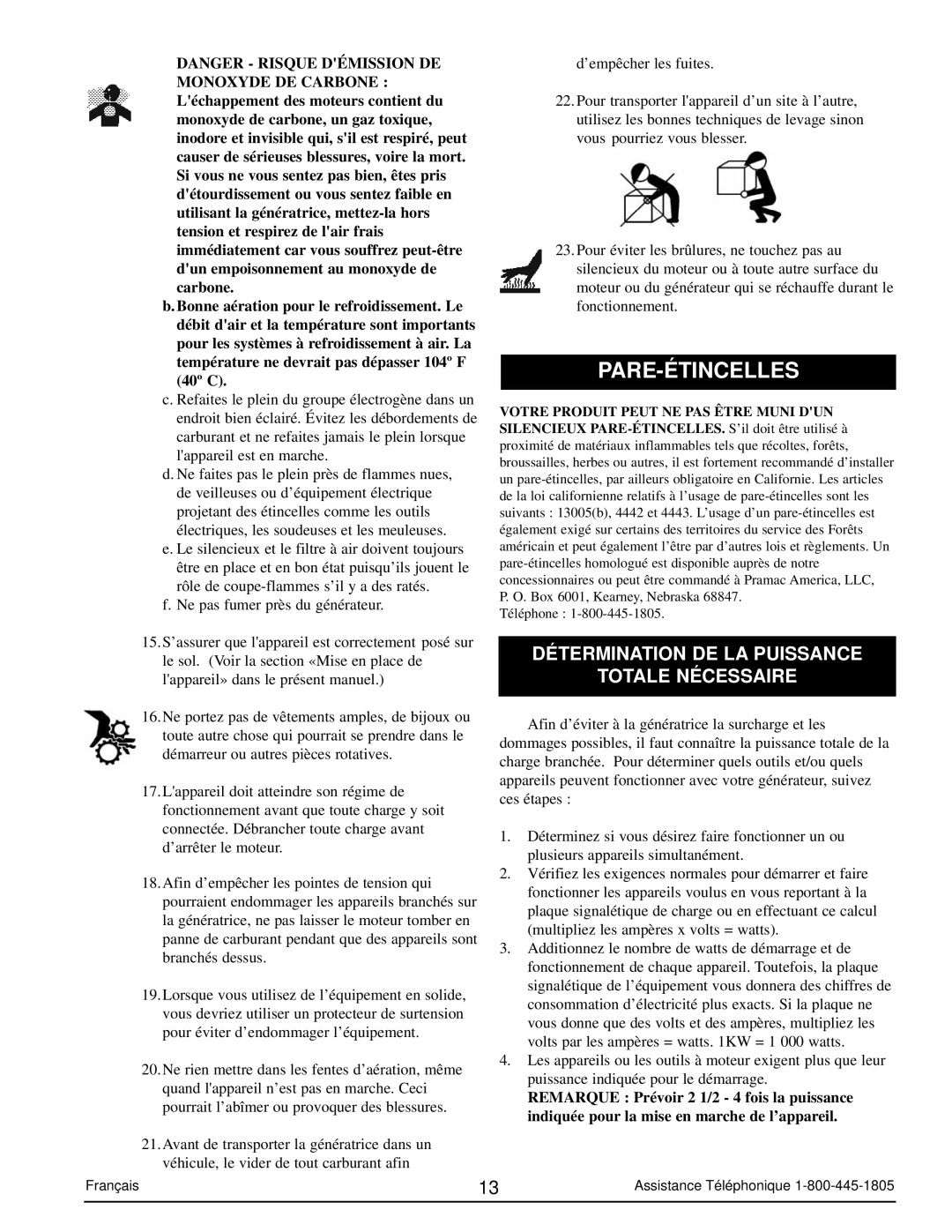 Powermate PM0103002 manual Pare-Étincelles, Détermination DE LA Puissance Totale Nécessaire 