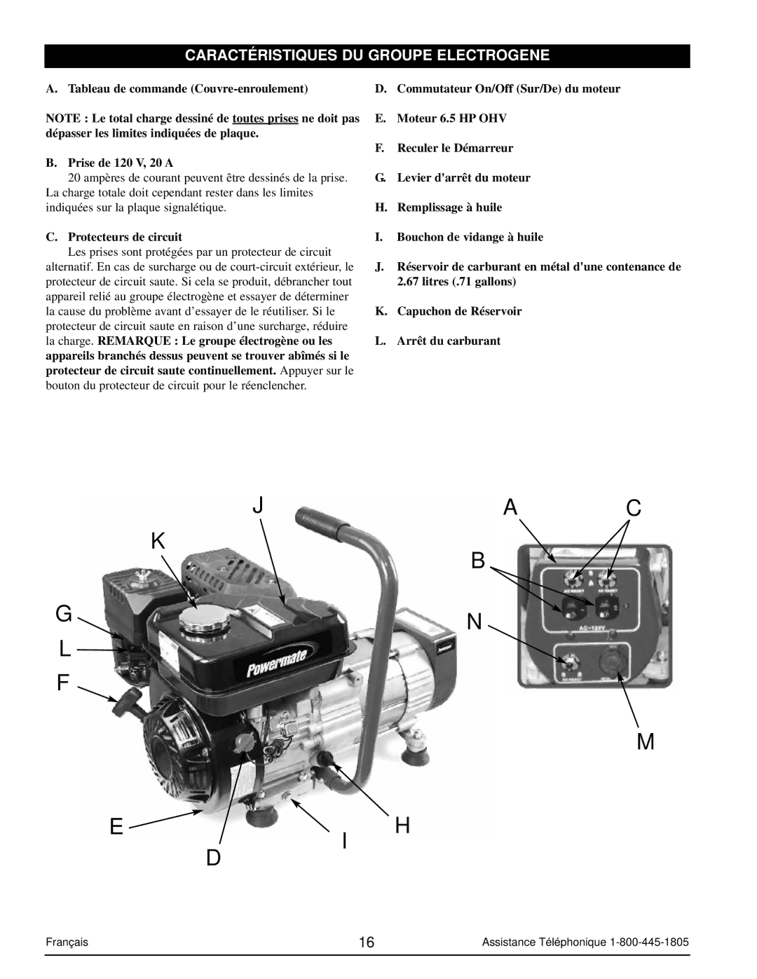 Powermate PM0103002 Caractéristiques DU Groupe Electrogene, Tableau de commande Couvre-enroulement Prise de 120 V, 20 a 