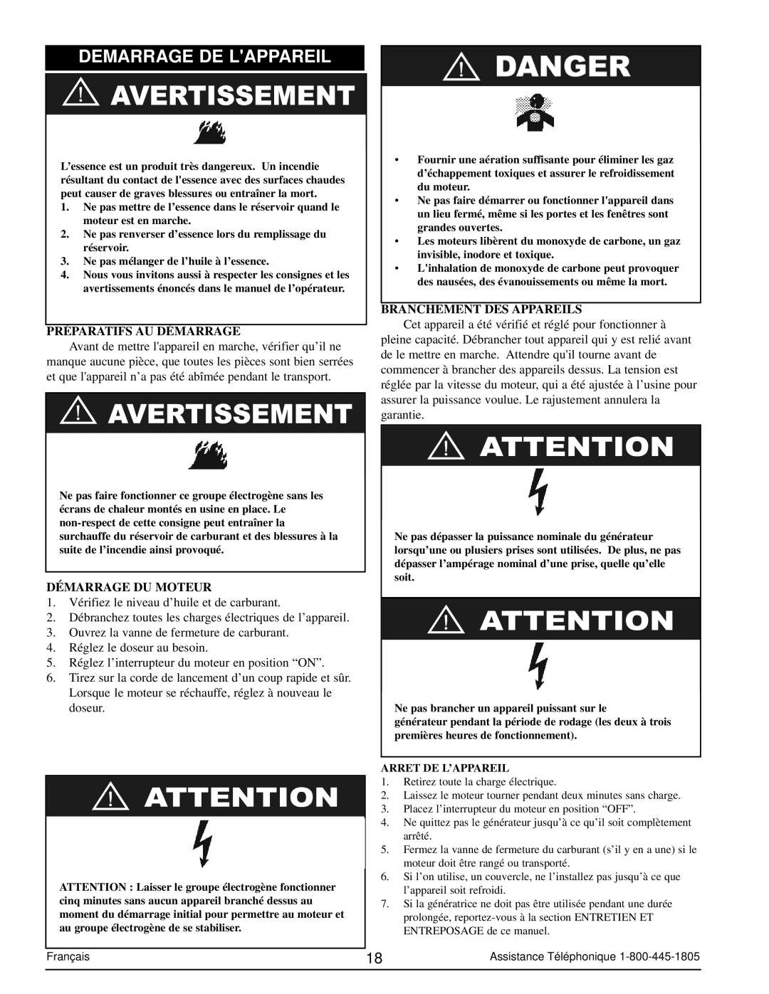 Powermate PM0103002 manual Demarrage DE Lappareil, Préparatifs AU Démarrage, Démarrage DU Moteur, Branchement DES Appareils 