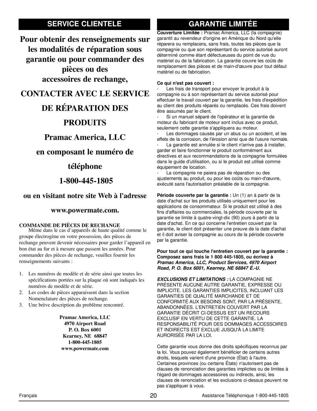 Powermate PM0103002 manual Service Clientele, Garantie Limitée, Commande DE Pièces DE Rechange 