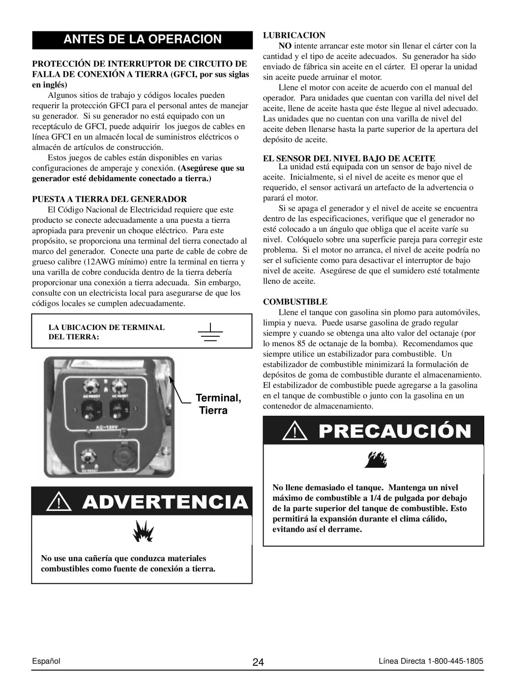 Powermate PM0103002 Antes DE LA Operacion, Puesta a Tierra DEL Generador, Lubricacion, EL Sensor DEL Nivel Bajo DE Aceite 