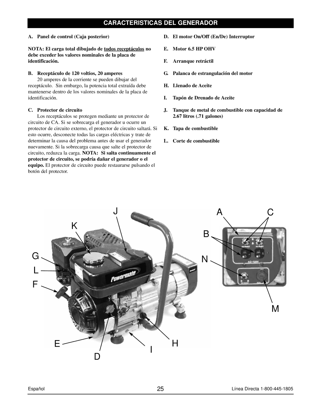 Powermate PM0103002 manual Caracteristicas DEL Generador, Protector de circuito 