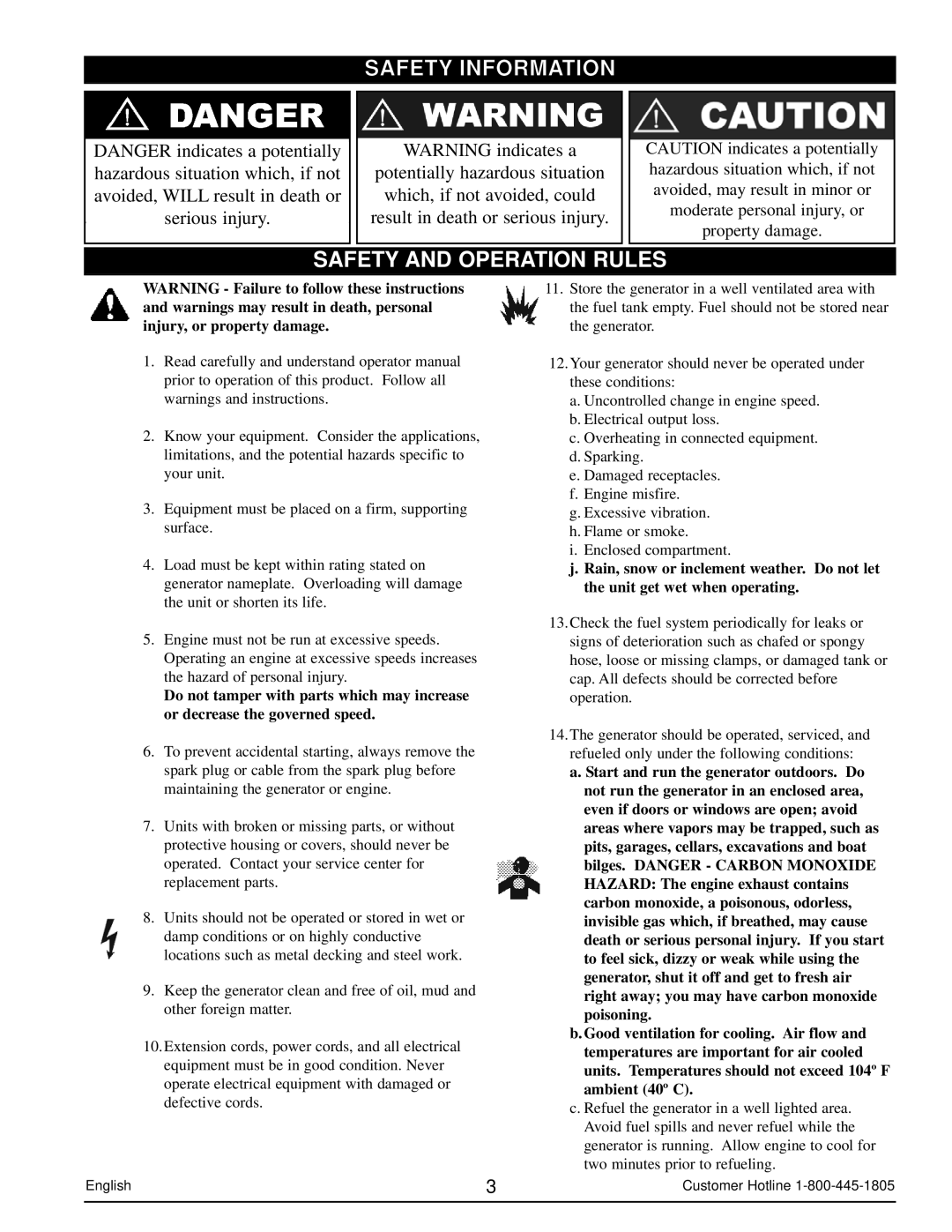 Powermate PM0103002 manual Safety Information, Safety and Operation Rules 