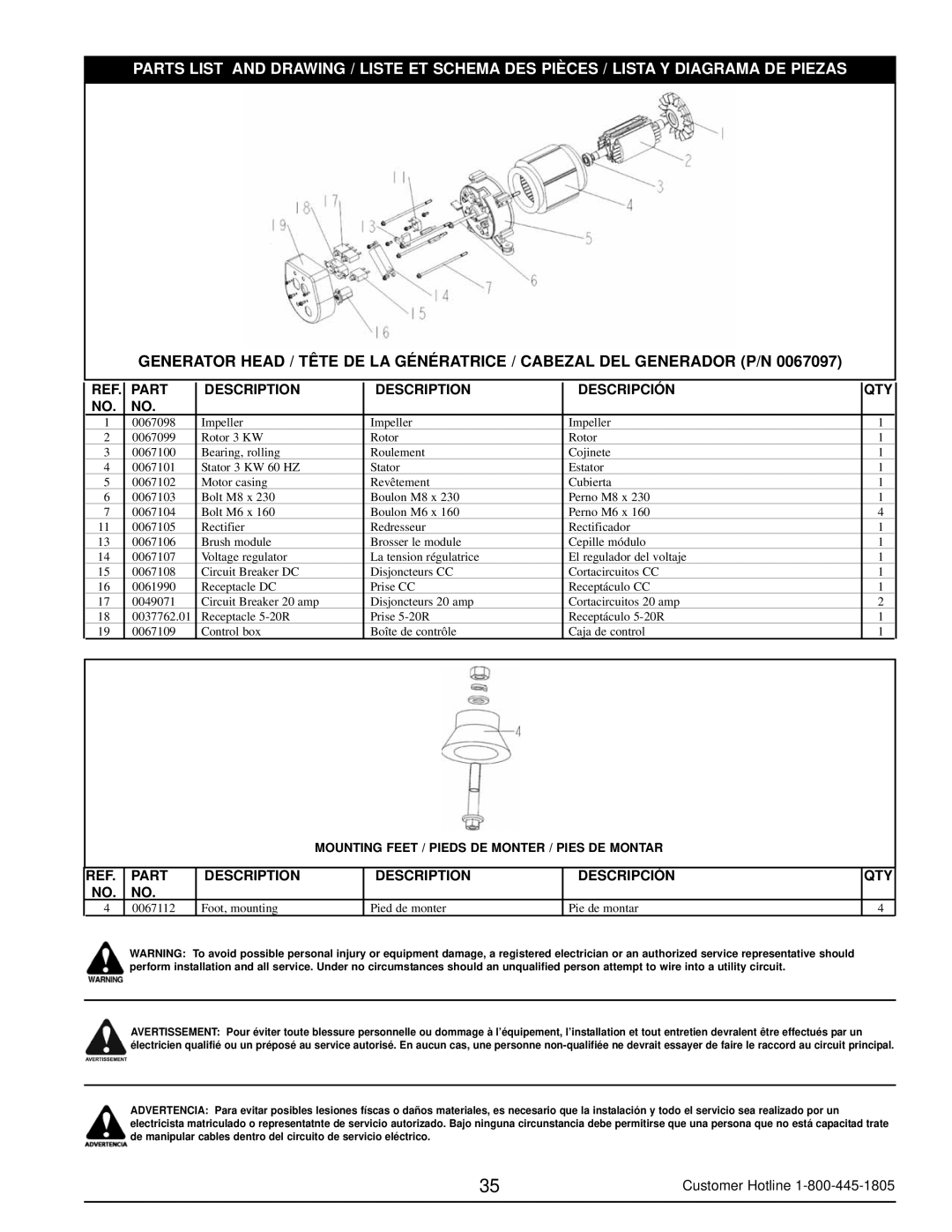 Powermate PM0103002 manual Mounting Feet / Pieds DE Monter / Pies DE Montar 