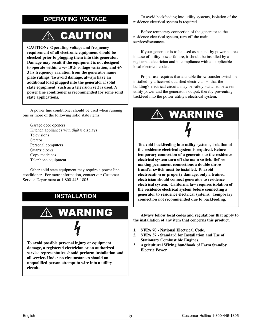 Powermate PM0103002 manual Operating Voltage, Installation 