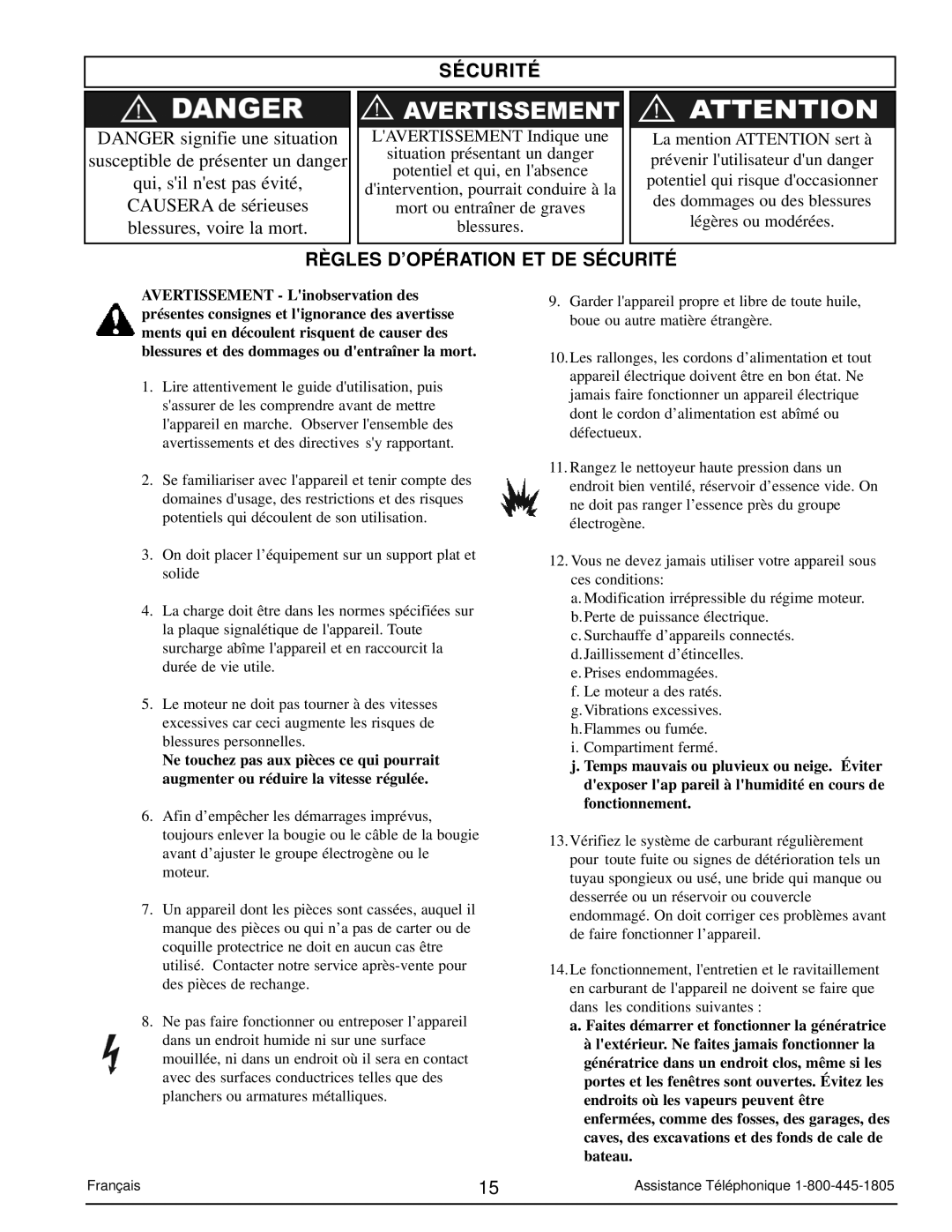 Powermate PM0103007 manual Règles D’OPÉRATION ET DE Sécurité 