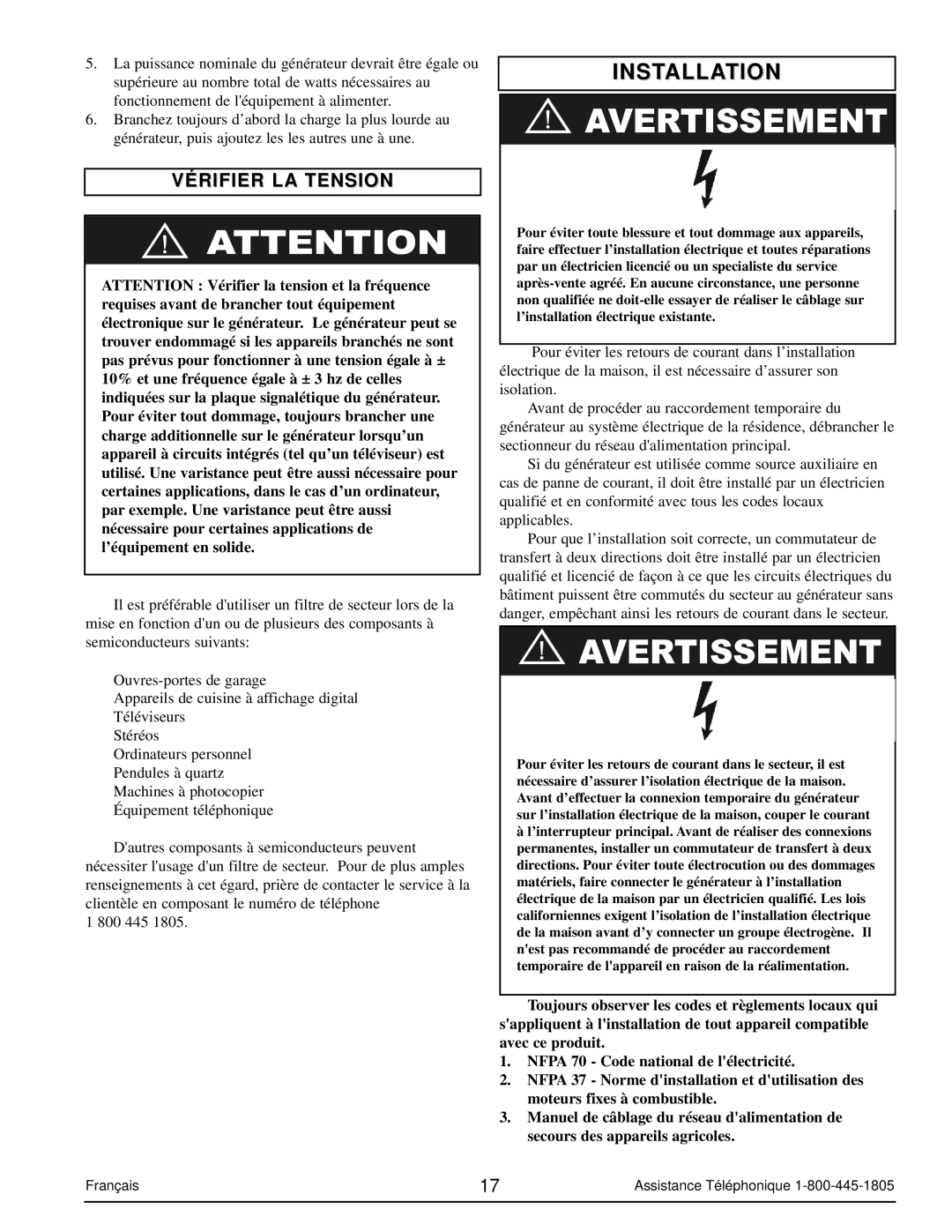 Powermate PM0103007 manual Installation, Vérifier LA Tension 