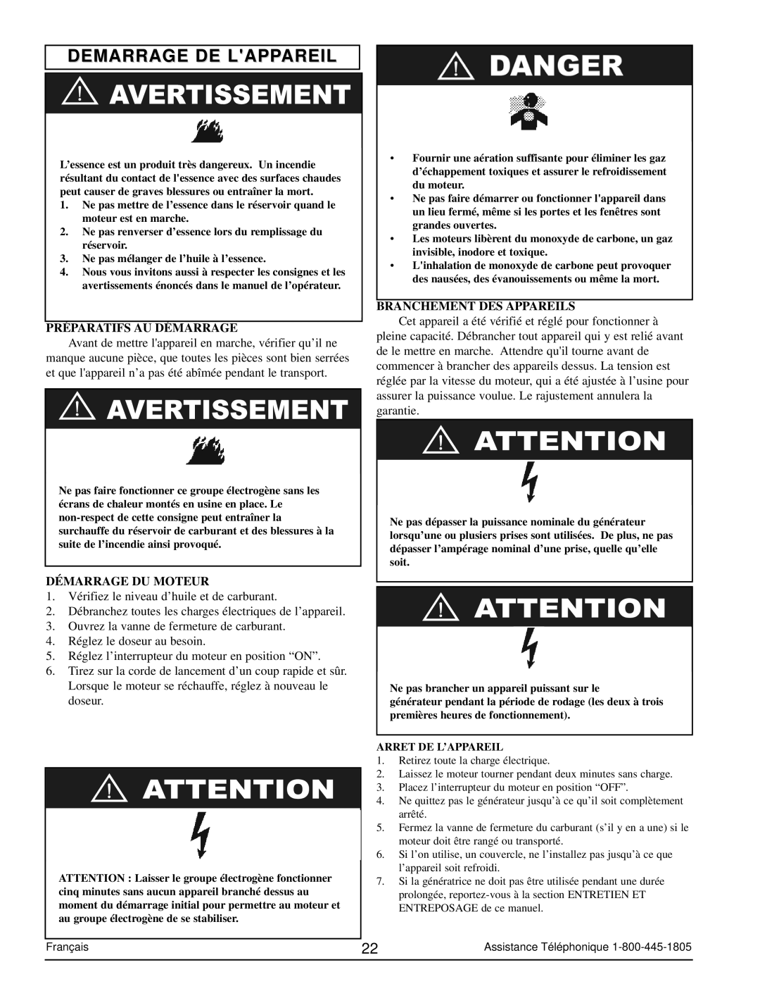 Powermate PM0103007 manual Demarrage DE Lappareil, Préparatifs AU Démarrage, Démarrage DU Moteur, Branchement DES Appareils 