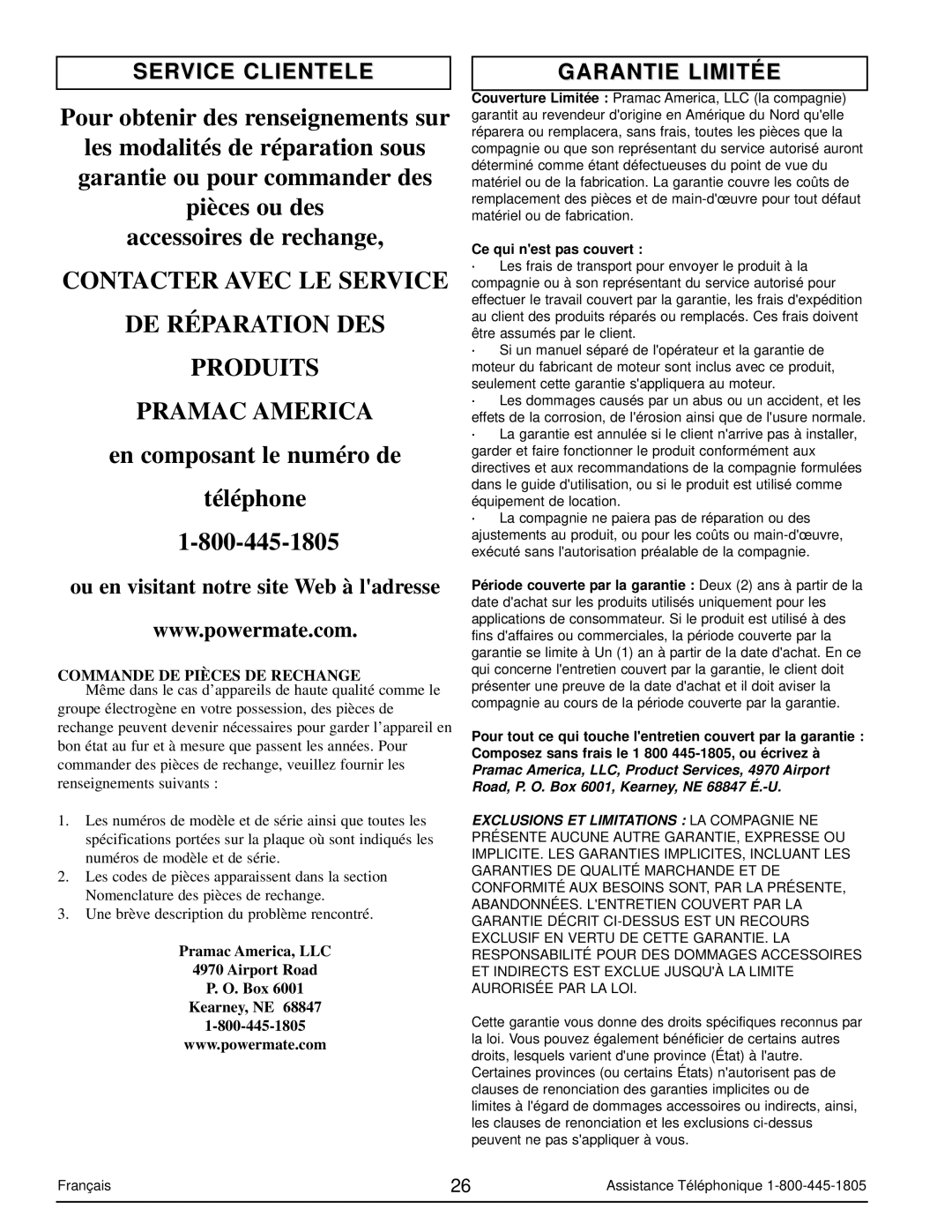 Powermate PM0103007 manual Service Clientele, Garantie Limitée, Commande DE Pièces DE Rechange 