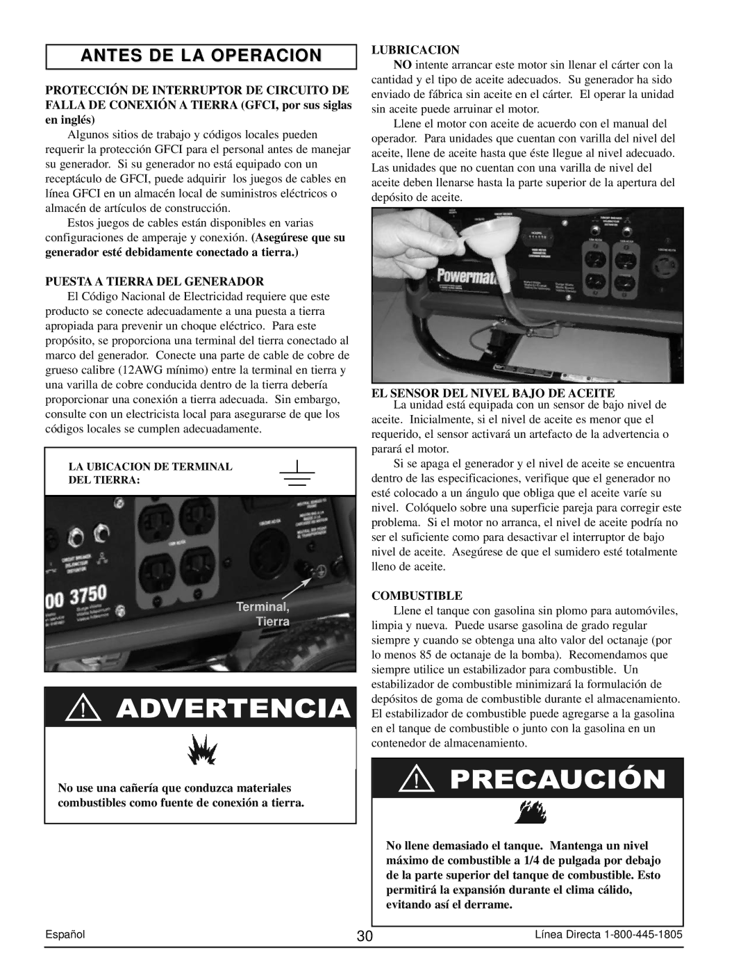 Powermate PM0103007 Antes DE LA Operacion, Puesta a Tierra DEL Generador, Lubricacion, EL Sensor DEL Nivel Bajo DE Aceite 