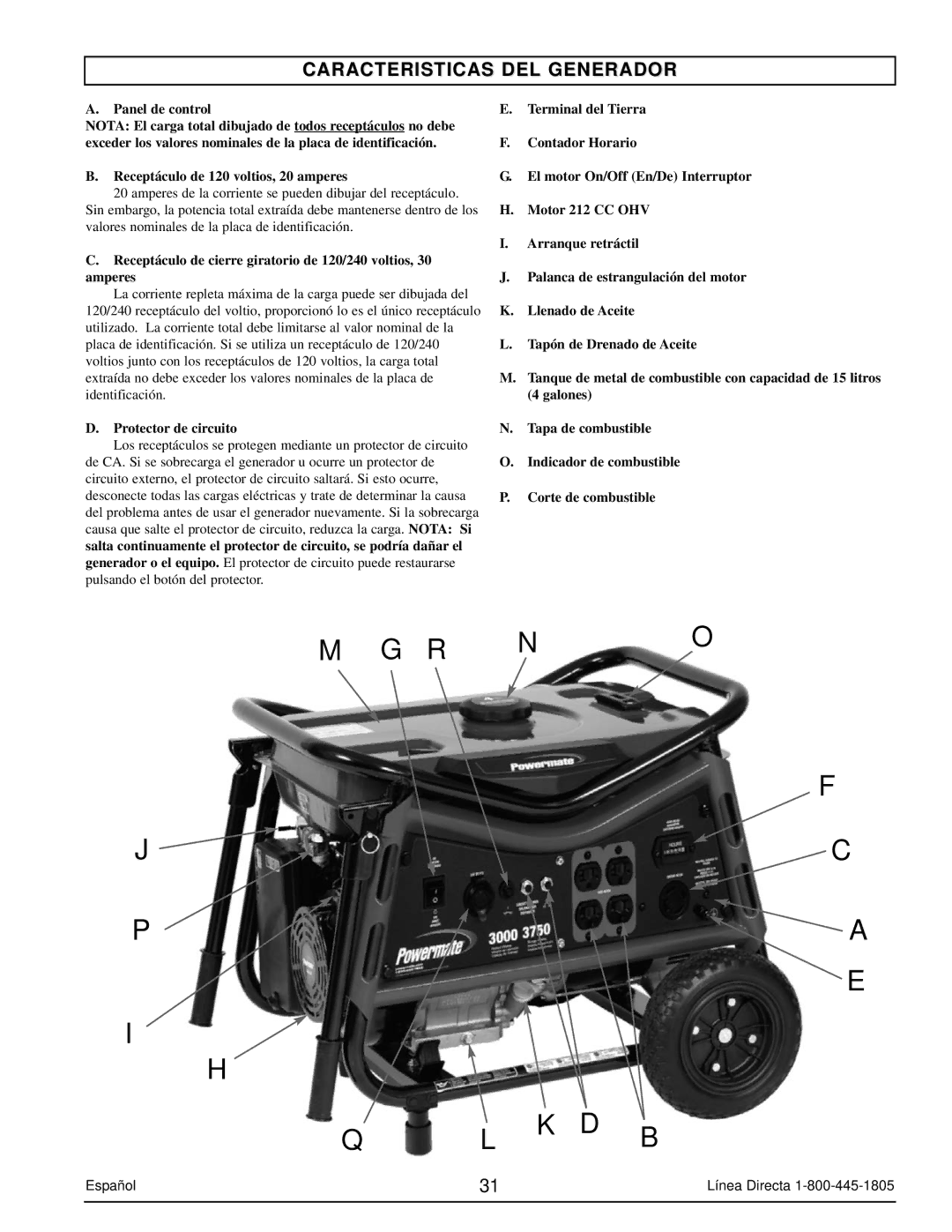 Powermate PM0103007 manual Caracteristicas DEL Generador, Protector de circuito 