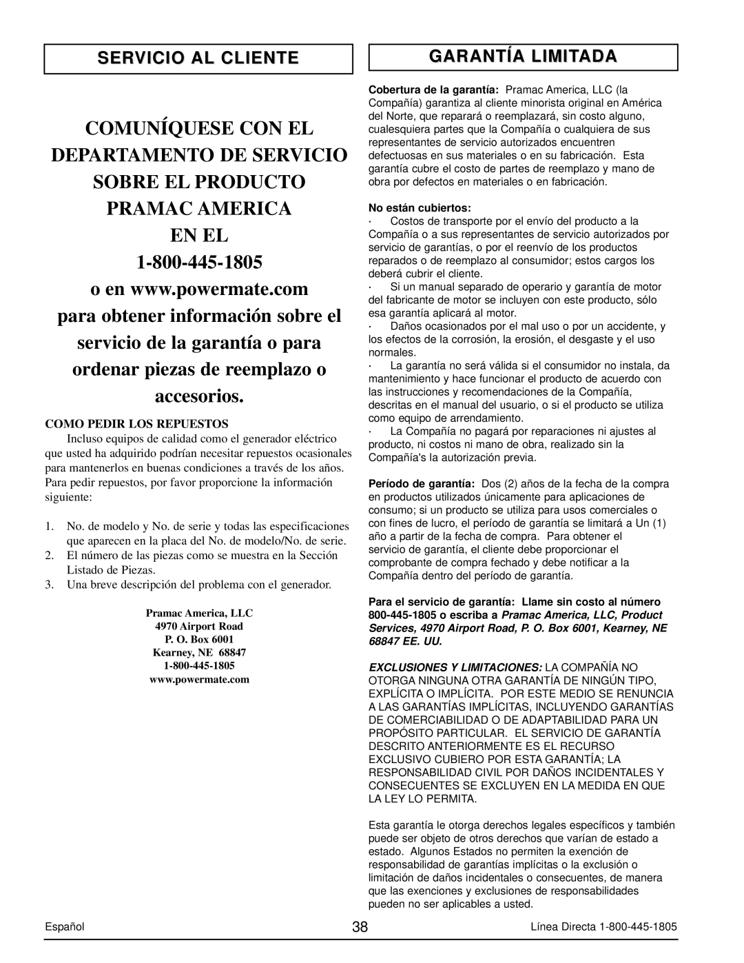 Powermate PM0103007 manual Servicio AL Cliente Garantía Limitada, Como Pedir LOS Repuestos 