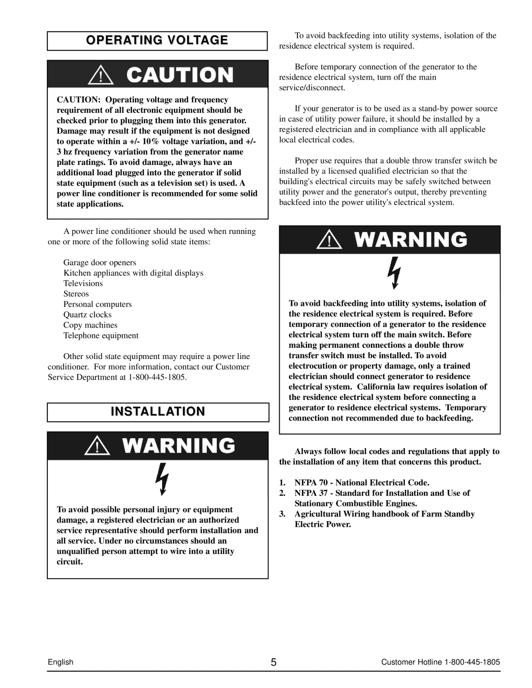 Powermate PM0103007 manual Operating Voltage, Installation 