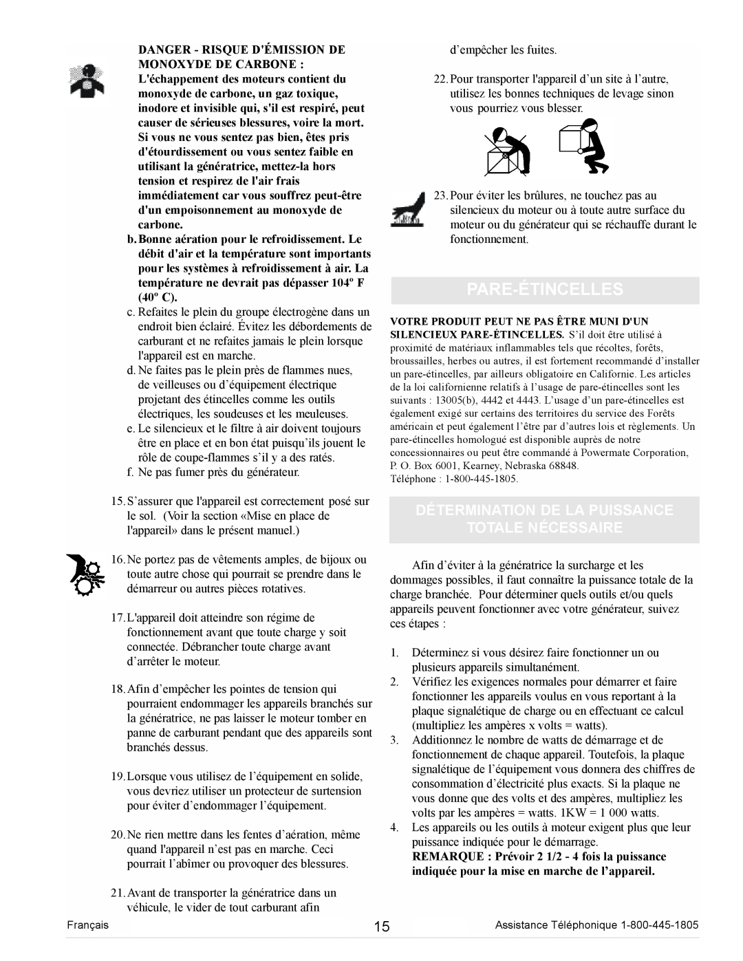 Powermate PM0105000 manual Pare-Étincelles, Détermination De La Puissance Totale Nécessaire 