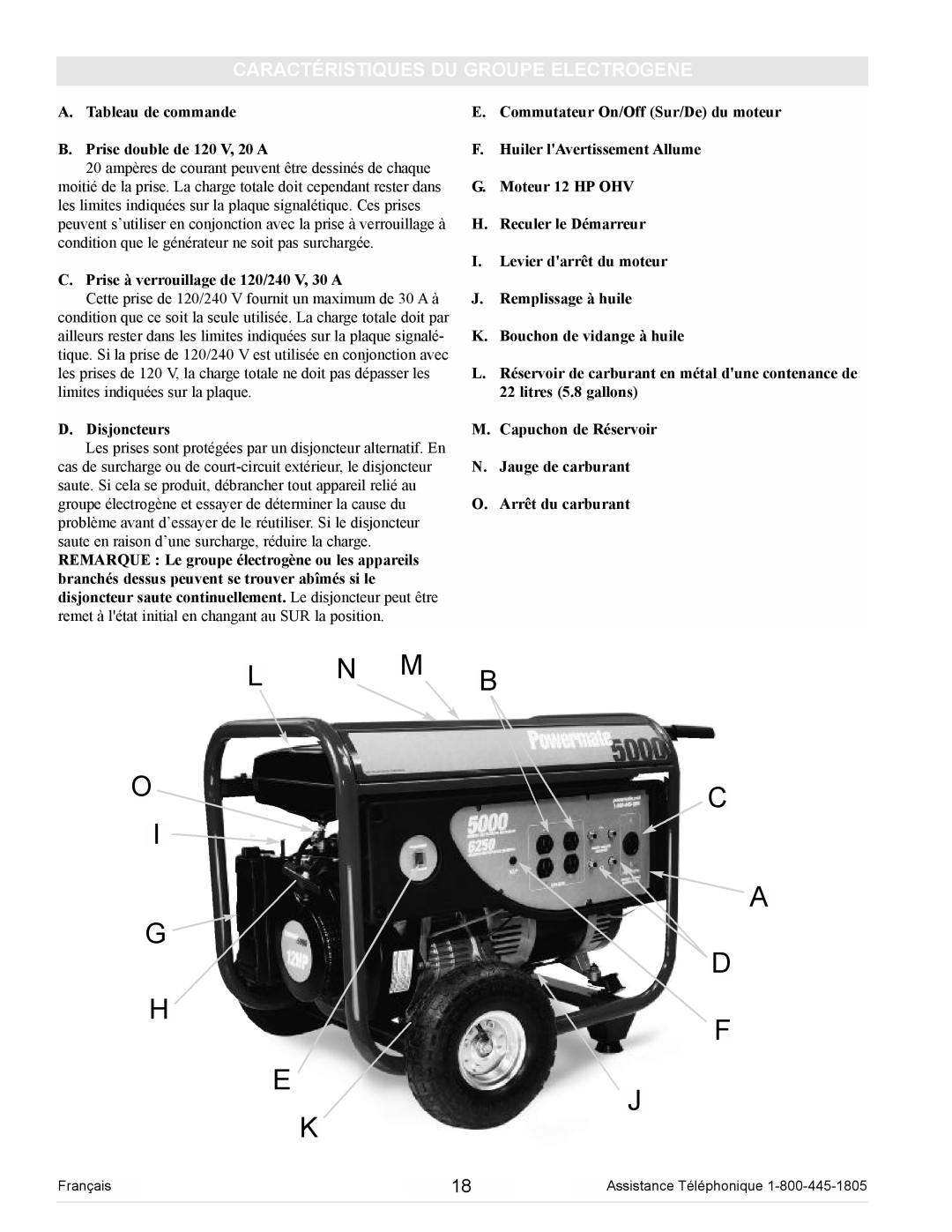 Powermate PM0105000 manual L N M B Oc A G D, Caractéristiques Du Groupe Electrogene 