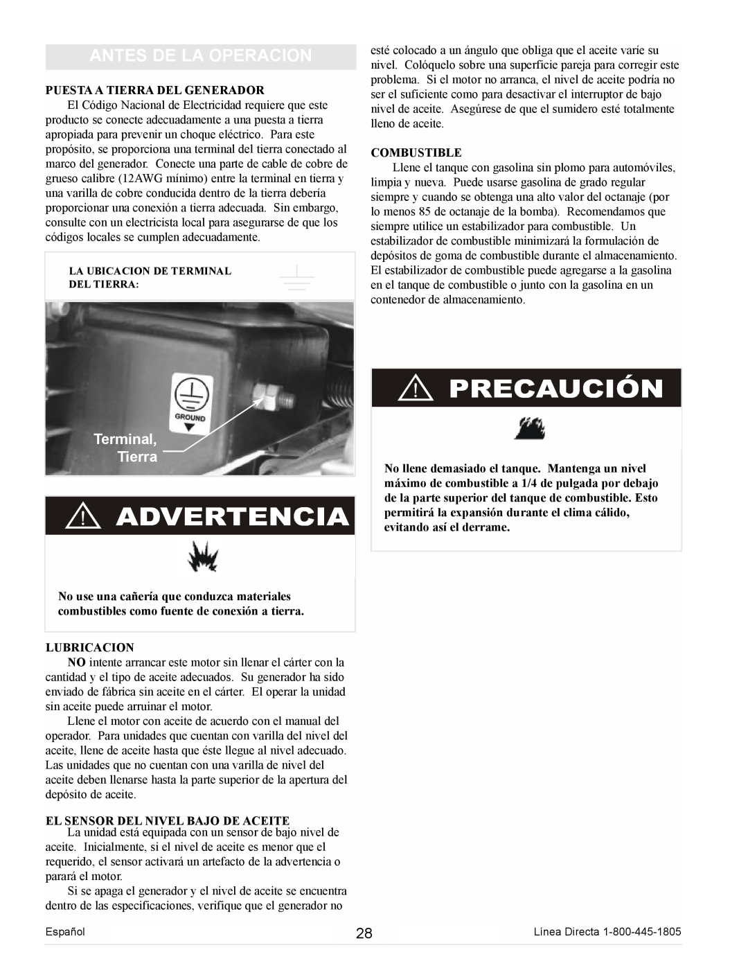 Powermate PM0105000 manual Antes De La Operacion, Terminal Tierra 